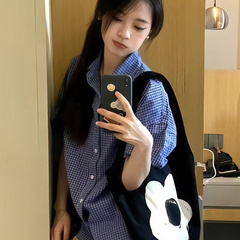 美式复古蓝色格子短袖衬衫女2025夏季新款宽松高级感小众百搭上衣