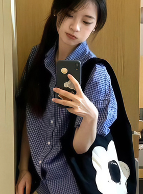 美式复古蓝色格子短袖衬衫女2026夏季新款宽松高级感小众百搭上衣