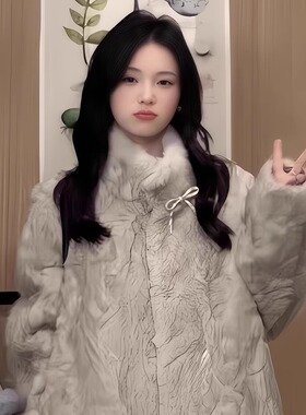 灰色染尖立领毛毛外套女冬季皮毛一体中长款加厚保暖环保皮草大衣