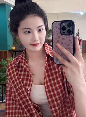 美式复古红色格子短袖衬衫多巴胺