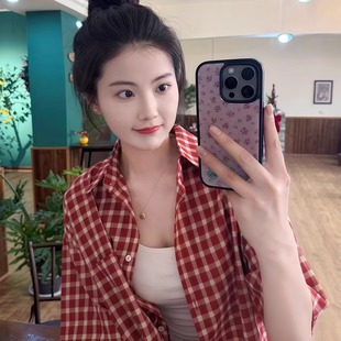 美式复古红色格子短袖衬衫女款夏季宽松多巴胺设计感百搭休闲衬衣