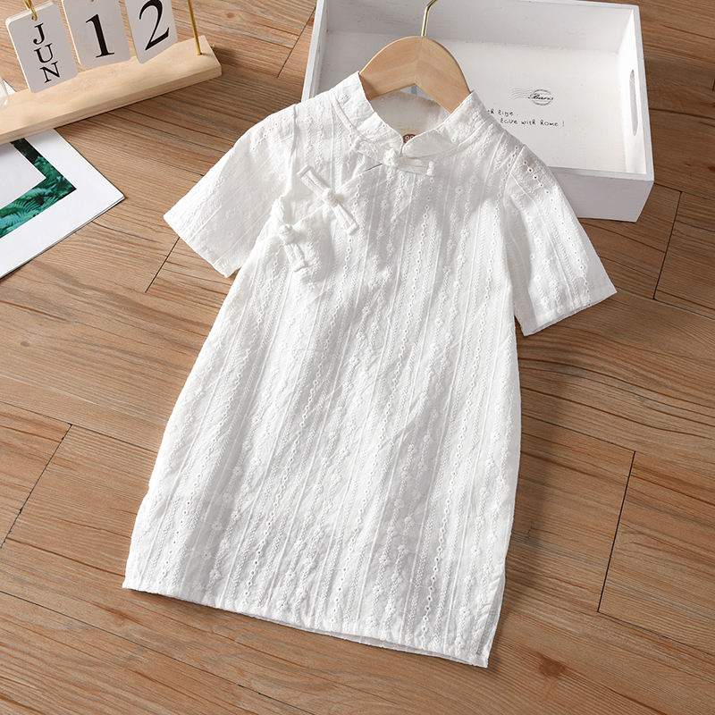 女童旗袍裙子2021新款夏季小女孩改良唐装汉服白裙儿童复古连衣裙