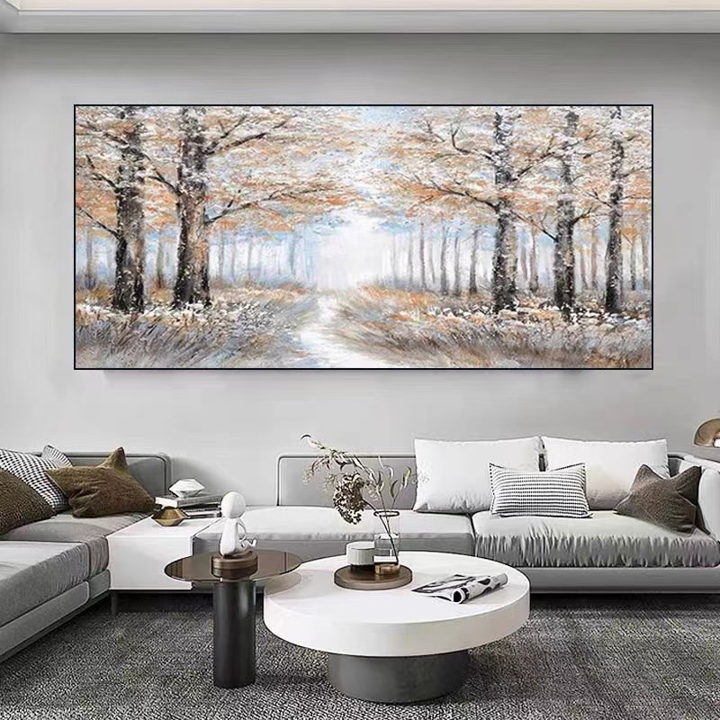 手绘油画现代轻奢树林q风景客厅沙发背景墙装饰画大幅立体挂画壁图片