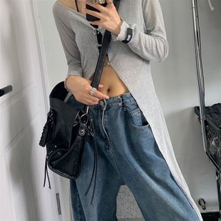 大码胖mm美式排扣牛仔裤女秋季新款高腰直筒拖地长裤Y.高街阔腿裤