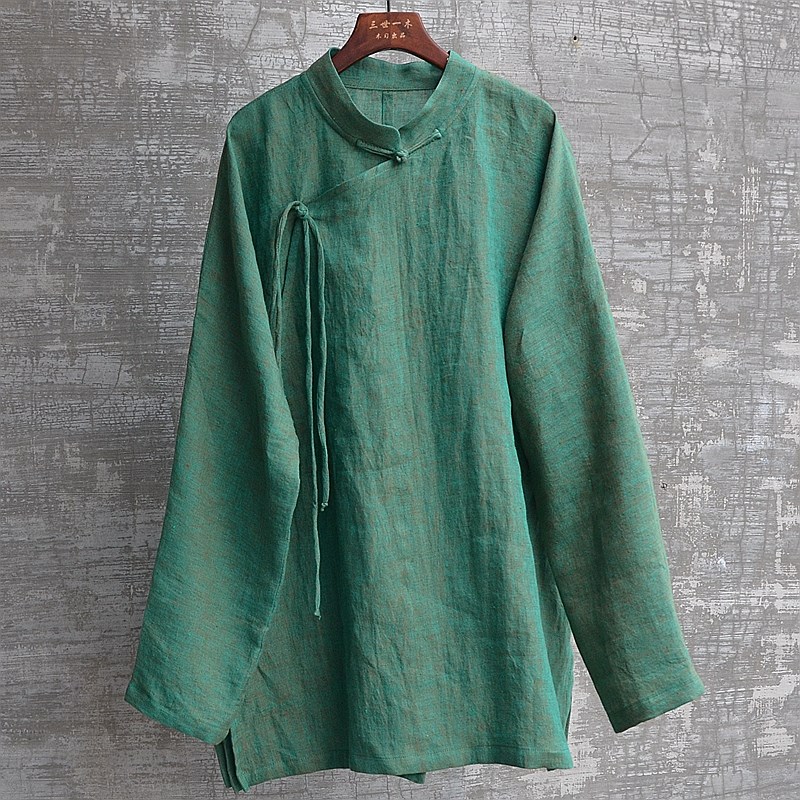 中国风男装春夏立领薄款长袖改良新中式系带大襟情侣透气休闲百搭