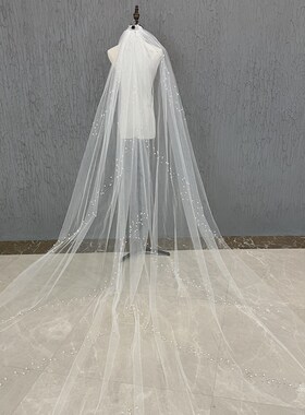 新娘主婚纱头纱长款单层样片珍珠拍照跟妆影楼摄影高级感森系头饰