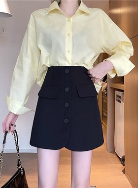 春夏小个子西装百搭黑色半身裙女胖Cmm高腰a字短裙显瘦遮胯包臀裙