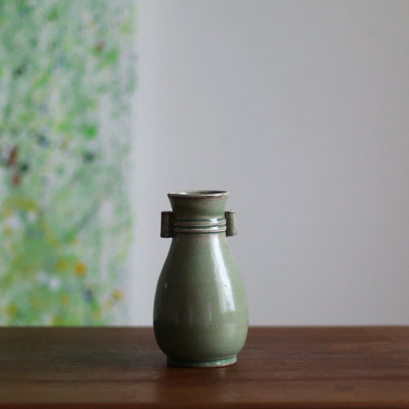 仿古薄胎绿釉花器手工陶瓷小罐子中式复古小开片效果书房装饰摆设