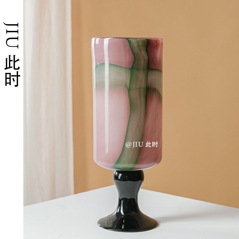 JIU此时 中古琉璃花瓶新中式高级感高脚客厅玄关摆件彩色玻璃花器