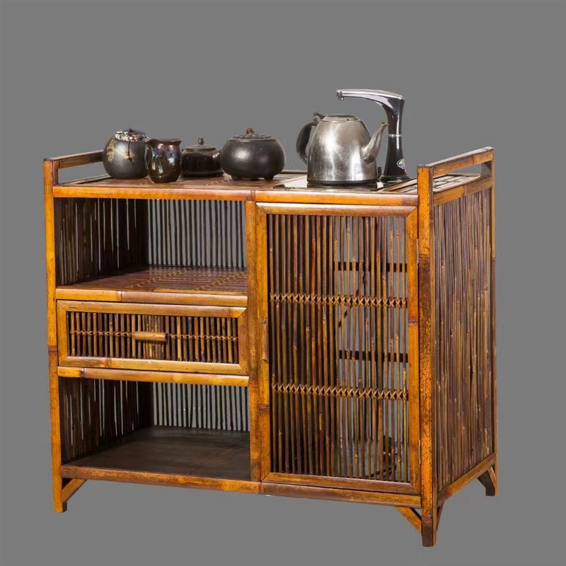 竹制多宝阁置物架电磁炉嵌入茶水柜茶道茶壶展示收纳柜茶空间设计
