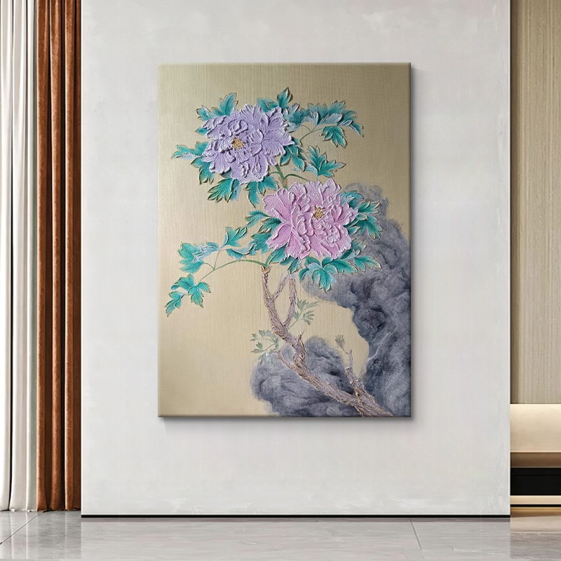 立体牡丹花刀画纯手绘油画新中式复古花卉装饰画客厅玄关肌理挂画