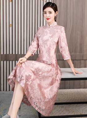 2021春夏装新款中国风年轻妈妈礼服中长款M改良复古蕾丝旗袍连衣