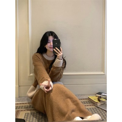 韩版温柔氛围感毛衣套装2025秋冬装拼色针织半身裙中长款两件套女