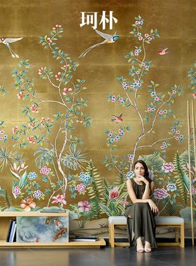 珂朴美式复古花鸟金箔定制壁纸玄关奢华壁画卧室客厅电视背景墙布