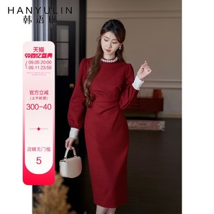 法式气质长袖连衣裙女2024年新款春款收腰显瘦设计感红色修身裙子