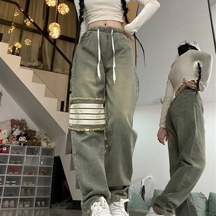 2-300斤加肥加大胖mm大码复古条杠贴布高腰做旧牛仔裤宽松直筒裤