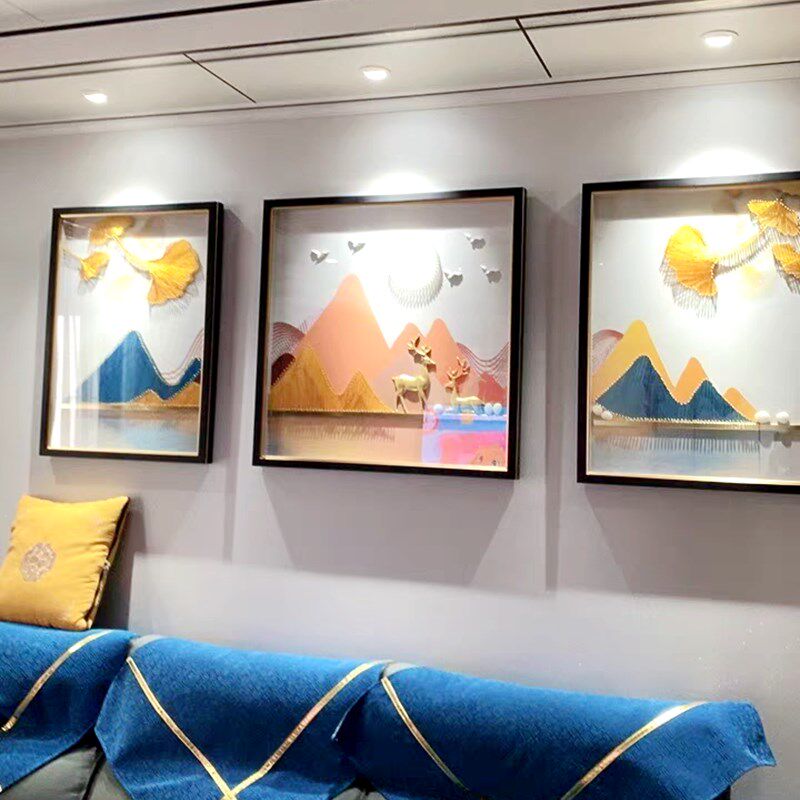 客厅装饰画三联实物立体手工画九鱼图简约轻奢简美沙发背景挂画