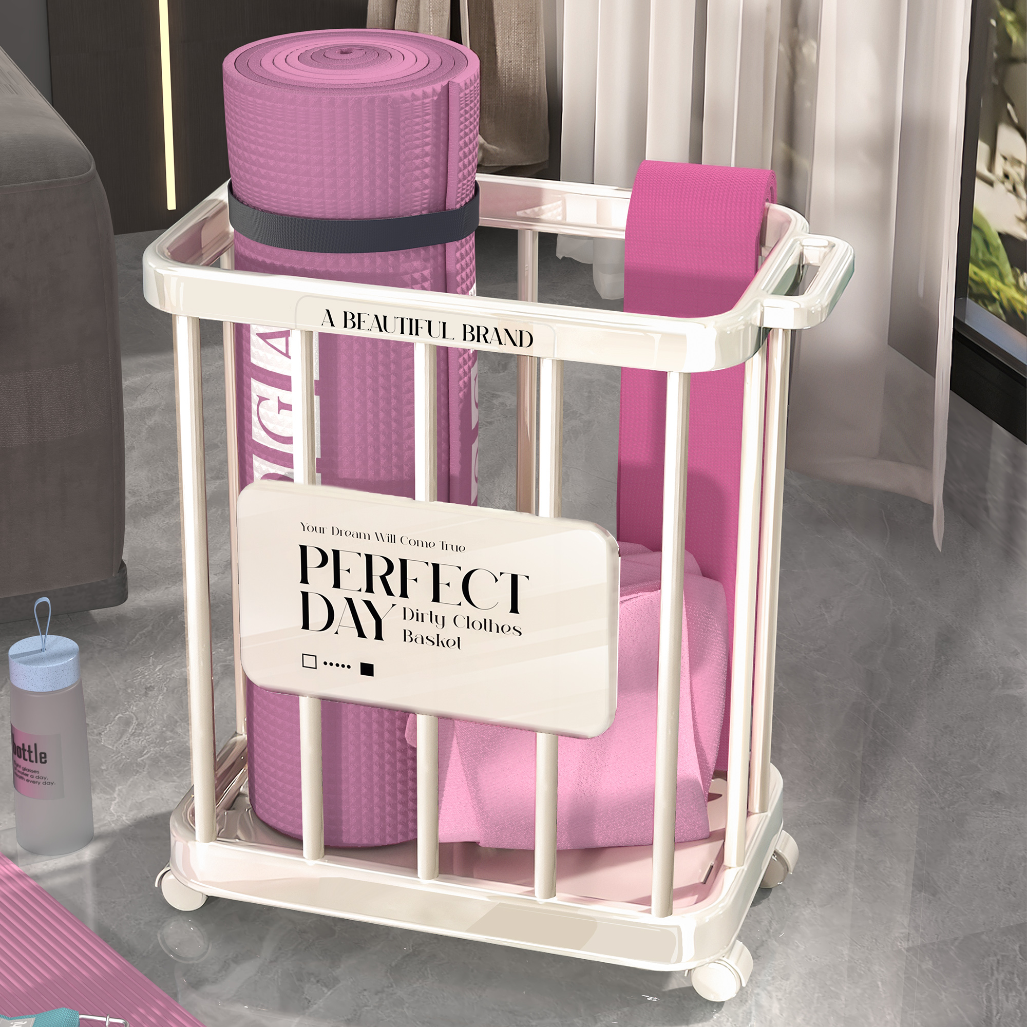 瑜伽垫收纳筐家用带轮子可移动健身器材收纳框运动用品夹缝置物架