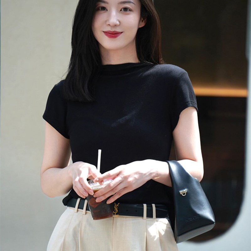 法式气质黑色半高领冰丝针织短袖t恤女J夏季正肩紧身短款显瘦上衣