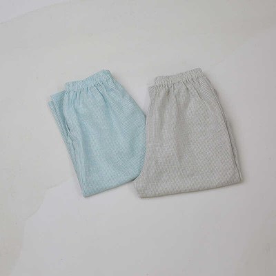 外婆家自制夏季薄款男女儿童色织条纹棉麻萝卜七分裤子透气柔软