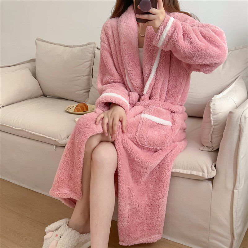 秋冬新款加厚中长款睡衣女甜美浴袍保暖居家服甜美简单浴衣