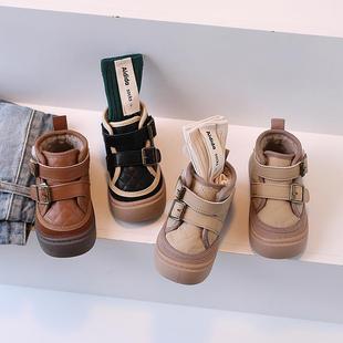 儿童高帮鞋男童鞋子秋冬款2022年韩版加绒棉鞋板鞋皮面百搭运动鞋