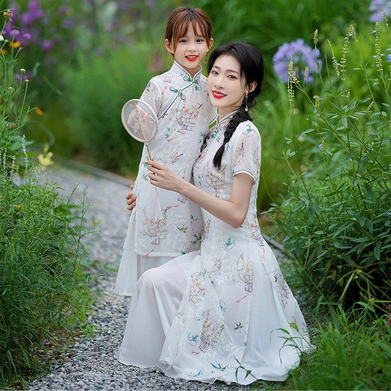 亲子旗袍母女装宽松2022夏新款中国风中长款雪纺儿童连衣裙小清新