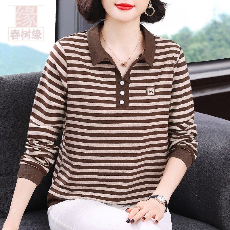 条纹卫衣女春薄宽松遮肉上衣中年妈妈大码长袖翻领t恤胖子打底衫