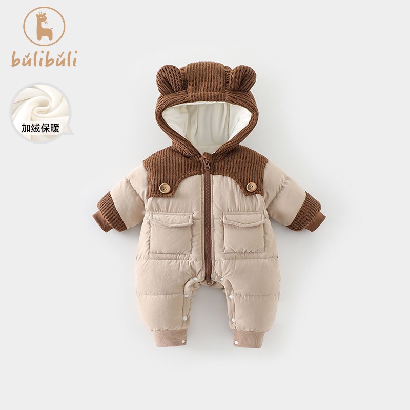婴儿衣服冬装2024新款男宝宝连体衣加绒加厚棉衣满月百天哈衣冬季