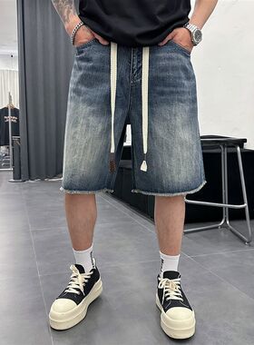 潮流牛仔短裤男士个性裁剪脚口毛边设计五分裤日常外穿宽松短裤
