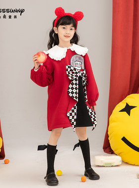 红色卡通小女孩贴布儿童春秋款连衣裙2022新品洋气加Y绒女童卫衣