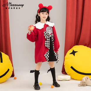 红色卡通小女孩贴布儿童春秋款连衣裙2022新品洋气加Y绒女童卫衣