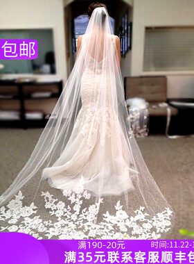 月下相恋 新款韩式婚纱头纱新娘复古车骨蕾丝Q3米超长拖尾软头纱