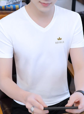 冰丝t恤男短袖2021新款夏季纯棉V领男装上衣半袖夏装衣服薄款体恤