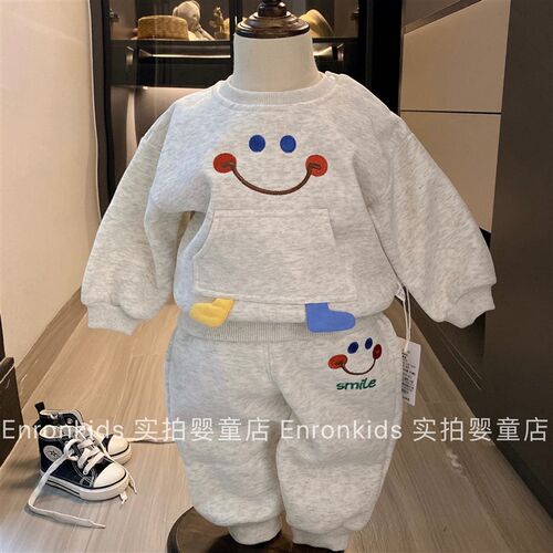 新款宝宝秋冬季套装男童圆领卫衣裤子两件套一P体绒休闲卡通运动