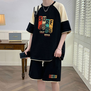 青少年运动套装大男孩初中学生纯棉短袖t恤潮流帅气大童百搭夏装