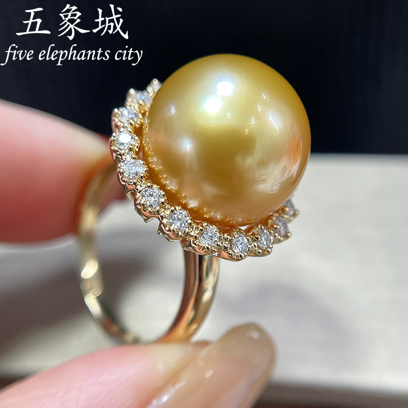 轻奢南洋金珠珍珠戒指18K金镶嵌钻石海水珍珠戒指正圆无瑕极强光