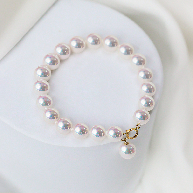 日本akoya天然海水珍珠手链18K金手串极强光正圆白透粉手镯送女友