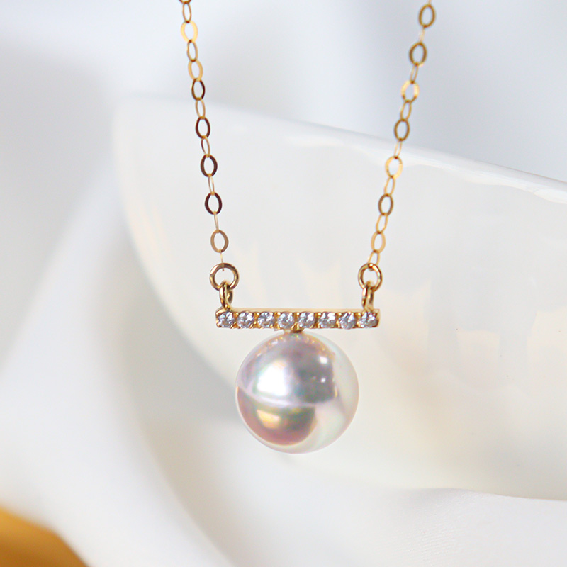 天然日本akoya海水珍珠吊坠项链天女18K黄金钻石平衡木锁骨链项坠
