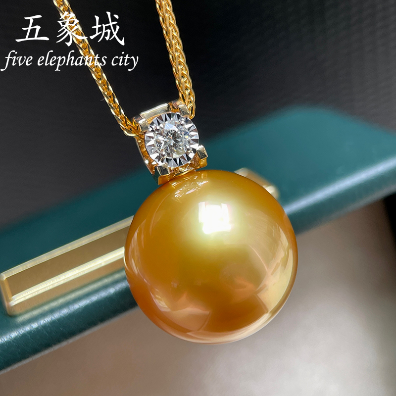 王妃款海水金色珍珠正圆无瑕强光南洋金珠吊坠项链18K金钻石气质