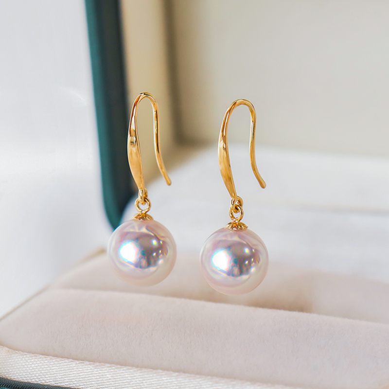 日本Akoya天然海水珍珠耳环18K金耳钩耳钉天女级耳坠强光耳饰女