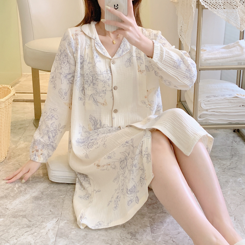 孕妇哺乳睡裙夏季薄款长袖纯棉纱布月G子服产妇待产检喂奶连衣裙