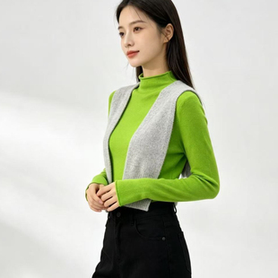 法式草绿色半高领打底衫女秋冬紧身内搭针织百搭时尚毛衣嫩绿上衣