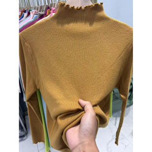 姜黄色紧身半高领毛衣打底衫女秋冬季修身针织修身内搭超好看上衣