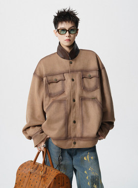 美式复古工装夹克男款春秋季做旧宽松cieanfit痞帅PU皮高回头率服