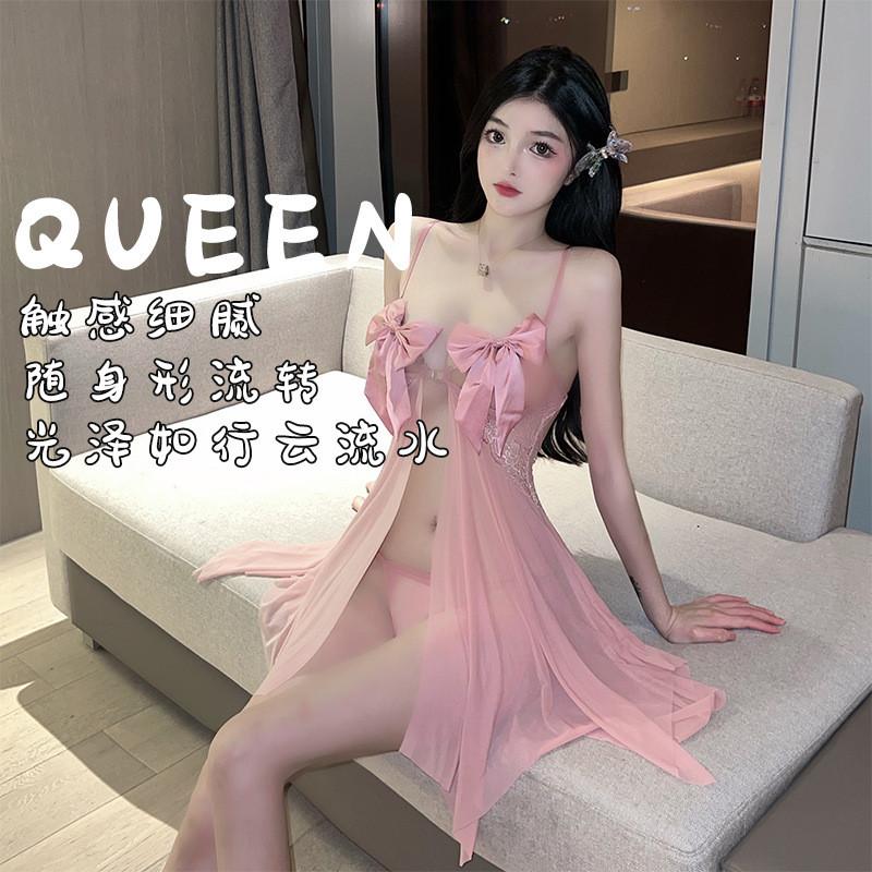 情趣内衣全裸套装透视蝴蝶结吊带性感睡裙露背深V情趣内衣分腿器