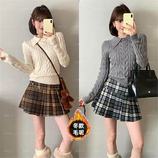 【运补6元】美式复古格纹低腰半身裙秋冬新款学院风百褶裙短裙女
