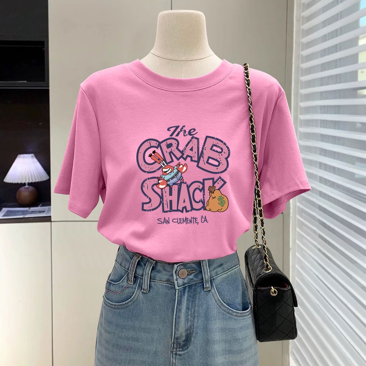 蜜桃粉色短袖T恤女宽松休闲
