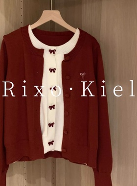 法国Rixo kiel红色蝴蝶结假两件开衫毛衣女秋冬慵懒风针织衫上衣