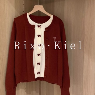 上衣 毛衣女秋冬慵懒风针织衫 法国Rixo kiel红色蝴蝶结假两件开衫